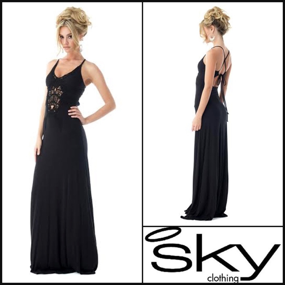 Sky Black Maxi Dress with Lace Detail